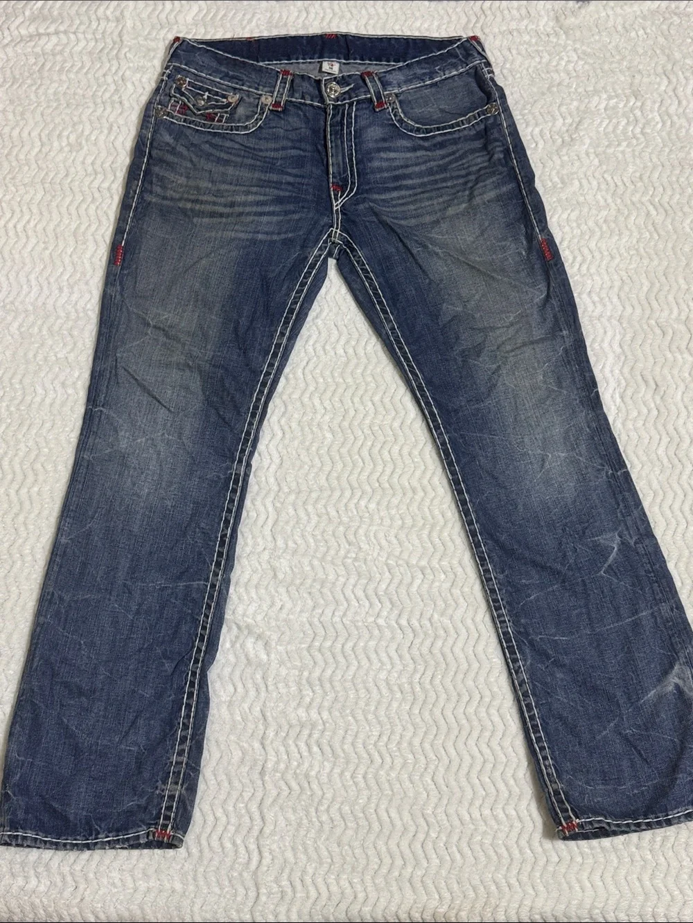 True Religion Jeans Vintage Straight Relaxed Mens 36 Blue Red Stitch
